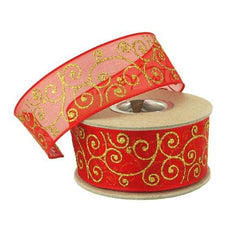 Glitter Swirl Christmas Satin Ribbon Wired Edge, 1-1/2-inch, 9-yard