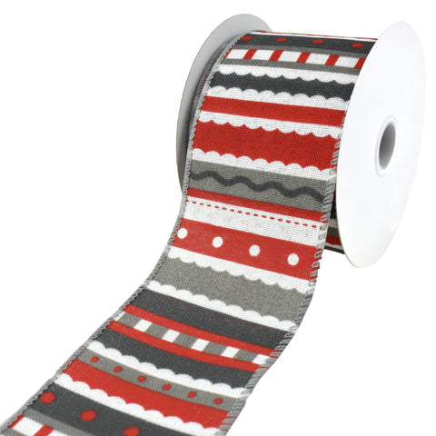 Christmas Linen Grey Red Whimsy Stripes, 2-1/2-Inch, 10-Yard