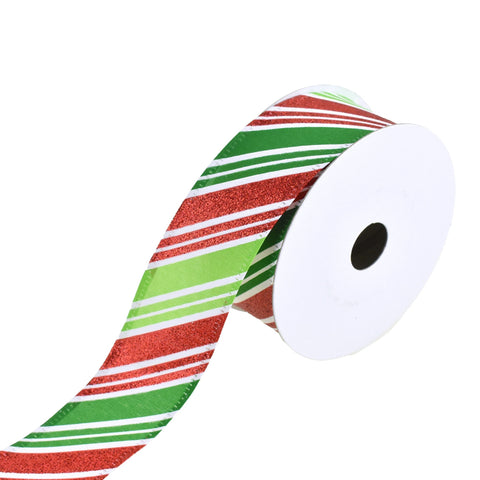 Christmas Glitter Candy Cane Stripes Wired Ribbon, 1-1/2-inch, 10-yard, Green/Red