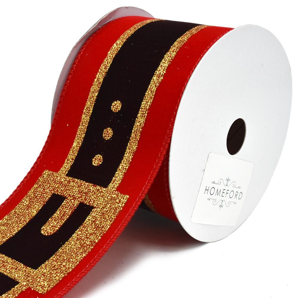 Velvet Glittered Santa Belt Wired Christmas Ribbon, 2-1/2-Inch, 10-Yard