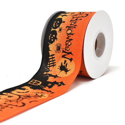 Halloween Scene Wired Edge Ribbon, Orange, 2-1/2-Inch, 10-Yard