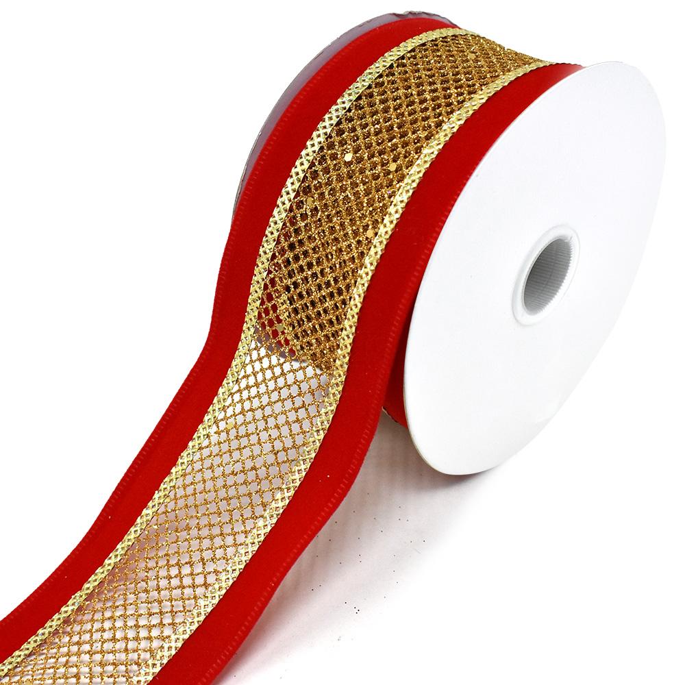 Mesh Velvet Wired Edge Christmas Ribbon, Red/Gold, 2-1/2-Inch, 10-Yard