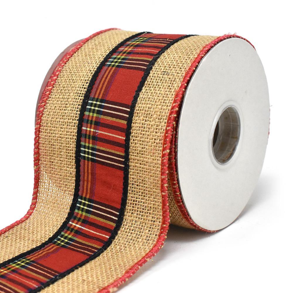 Plaid Burlap 3 Plaid Wired Edge Christmas Ribbon, 4-Inch, 10-Yard