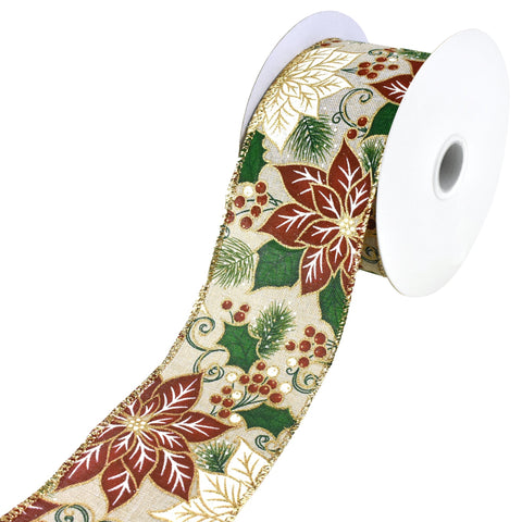 Adorned Poinsettia and Holly Christmas Wired Edge Ribbon, 2-1/2-Inch 10-Yard