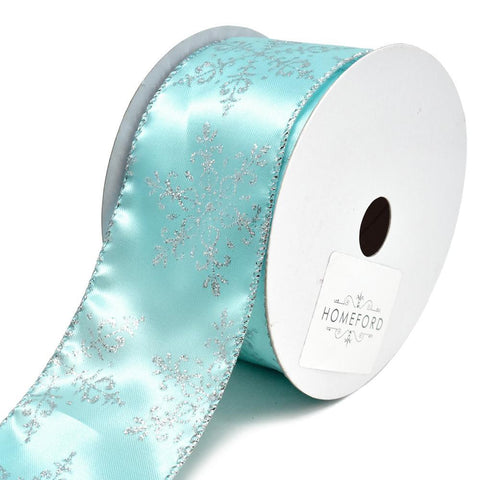 Glitter Silver Snowflake Wired Christmas Ribbon, Aqua, 2-1/2-Inch, 20-Yard