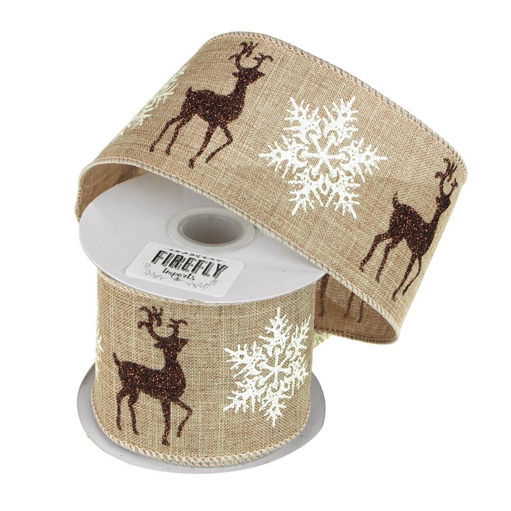 Snowflake Reindeer Linen Holiday Christmas Ribbon Wired Edge, 2-1/2-Inch, 10 Yards, Natural