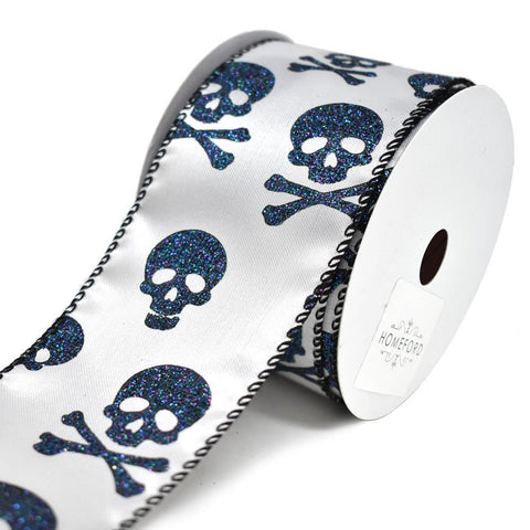 Glitter Spooky Skull and Cross Bone Satin Wired Ribbon, Multi-Color, 2-1/2-Inch