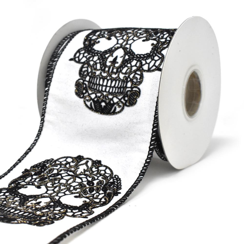 Glitter Skull Wired Edge Halloween Ribbon, White, 4-Inch, 10-Yard