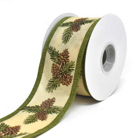 Pinecone Hopsack Wired Edge Christmas Ribbon, Natural, 2-1/2-Inch, 10-Yard