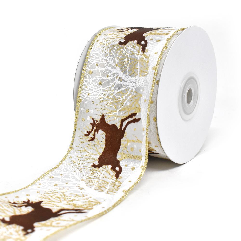 Leaping Reindeer Glitter Wired Edge Christmas Ribbon, White, 2-1/2-Inch, 10-Yard