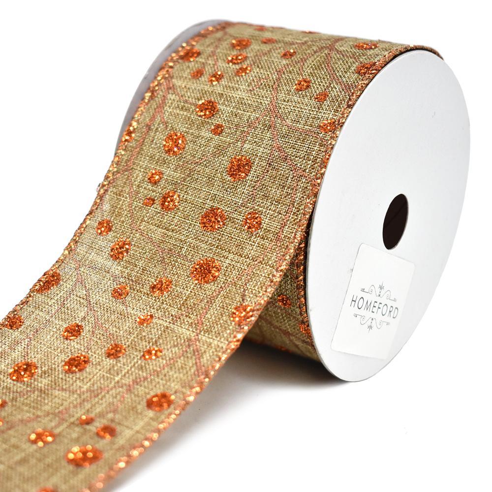 Glitter Berries and Branch Linen Wired Ribbon, Natural/Copper, 2-1/2-Inch