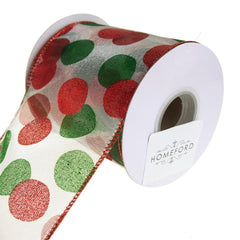 Glitter Dot Sheer Wired Holiday Christmas Ribbon, Red/Green, 10 Yards