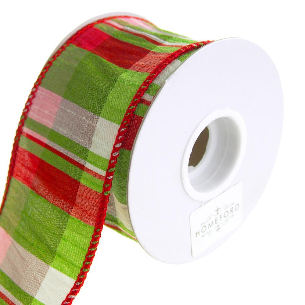 Lime Plaid Wired Dupioni Christmas Holiday Ribbon, 2-1/2-Inch, 10 Yards