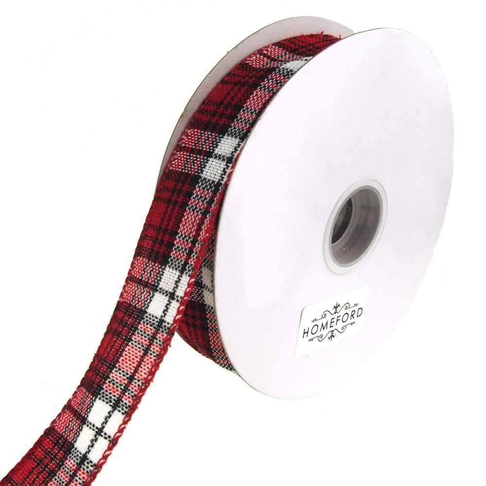Cabin Natural Woolen Plaid Wired Holiday Christmas Ribbon, Black/Red