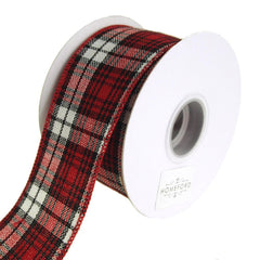 Cabin Natural Woolen Plaid Wired Holiday Christmas Ribbon, Black/Red