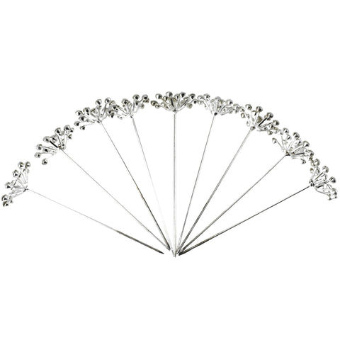 Rhinestone Floral Tip Pins, 3-Inch, 9-Count - Silver