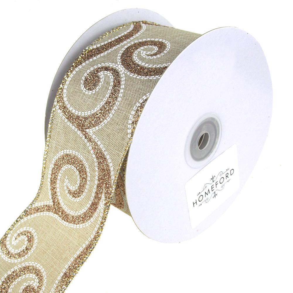 Linen Glitter Scroll Stitch Wired Christmas Holiday Ribbon, Natural/Gold, 2-1/2-Inch, 20 Yards
