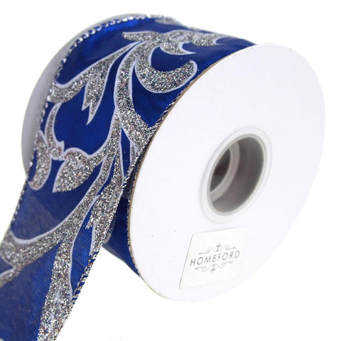 Lamé Scroll Wired Christmas Holiday Ribbon, Royal Blue, 2-1/2-Inch, 10 Yards