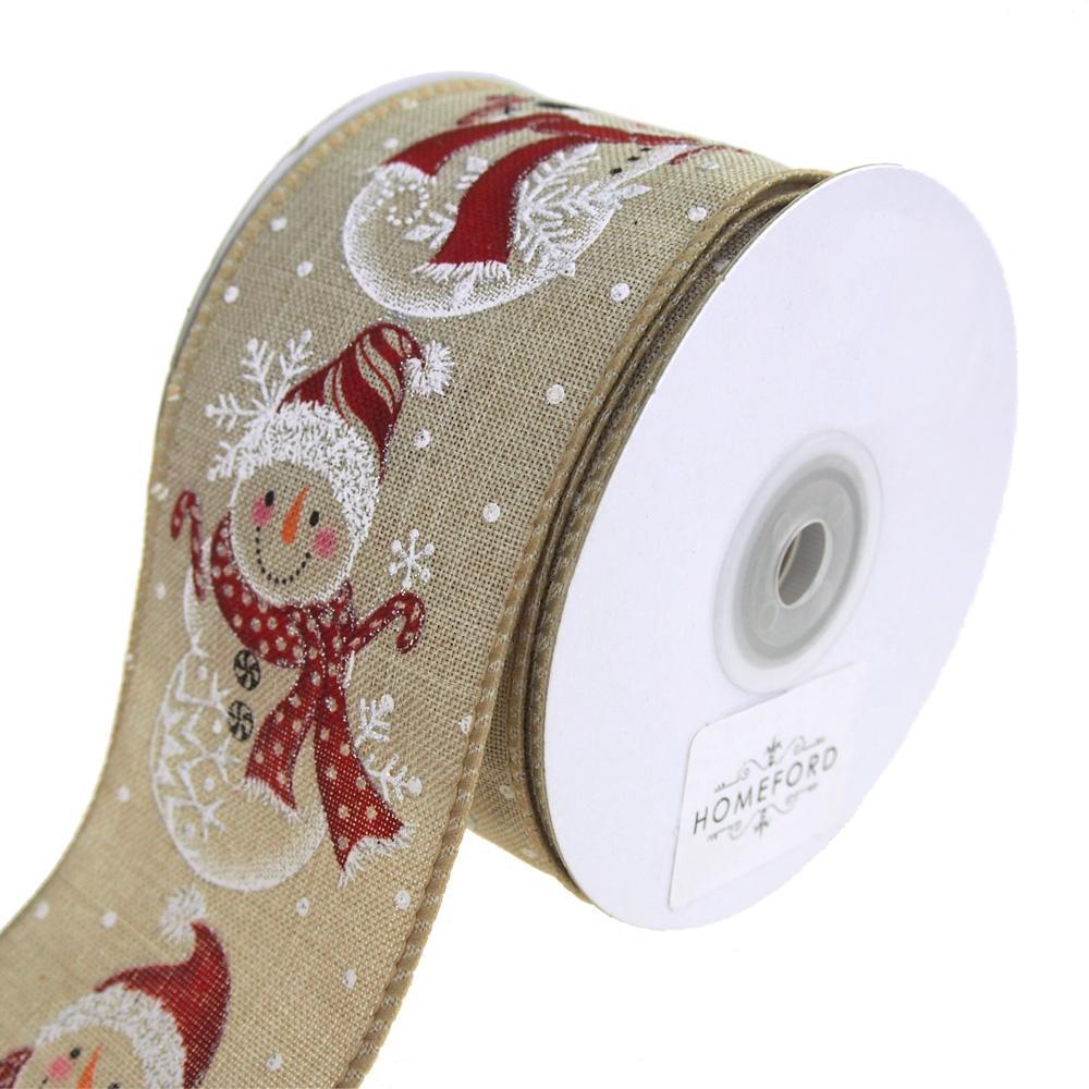 Snowman Row Linen Wired Christmas Holiday Ribbon, Natural, 2-1/2-Inch, 10 Yards