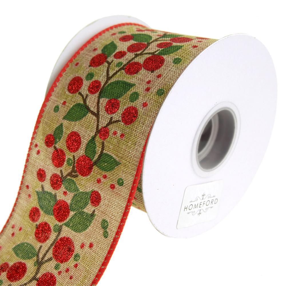 Linen Berry Vine Wired Christmas Holiday Ribbon, Natural, 2-1/2-Inch, 10 Yards