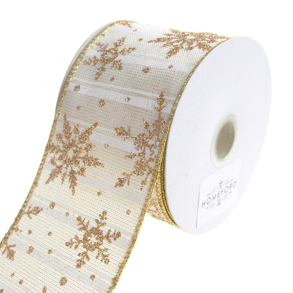 Golden Snowflakes Metallic Striped Wired Christmas Holiday Ribbon, White, 2-1/2-Inch, 10 Yards