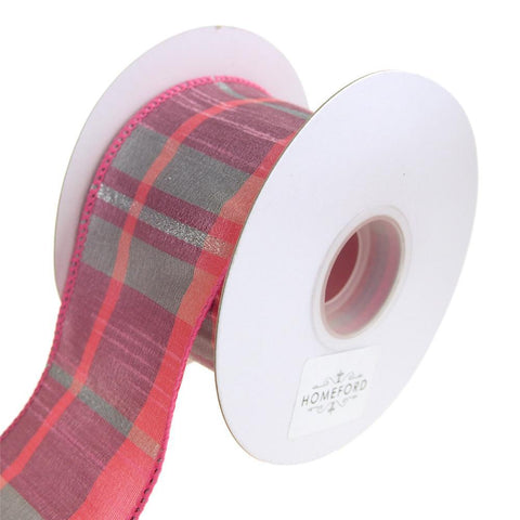 Joanne Plaid Wired Dupioni Ribbon, Pink/Silver, 2-1/2-Inch, 10 Yards