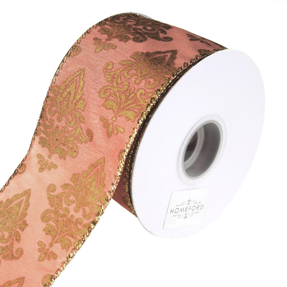 Victorian Scroll Wired Holiday Ribbon, Pink/Gold, 2-1/2-Inch, 10 Yards