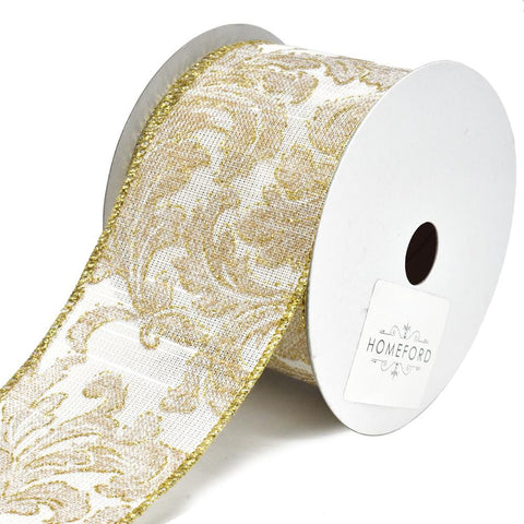 Glitter Filigree Rococco Elegance Wired Christmas Ribbon, Ivory/Gold, 2-1/2-Inch, 10-Yard