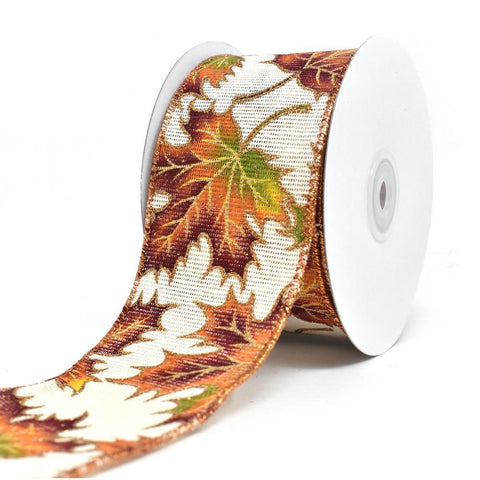 Fall Leaf Muslin Outline Wired Edge Ribbon, Ivory,  2-1/2-Inch, 10-Yard