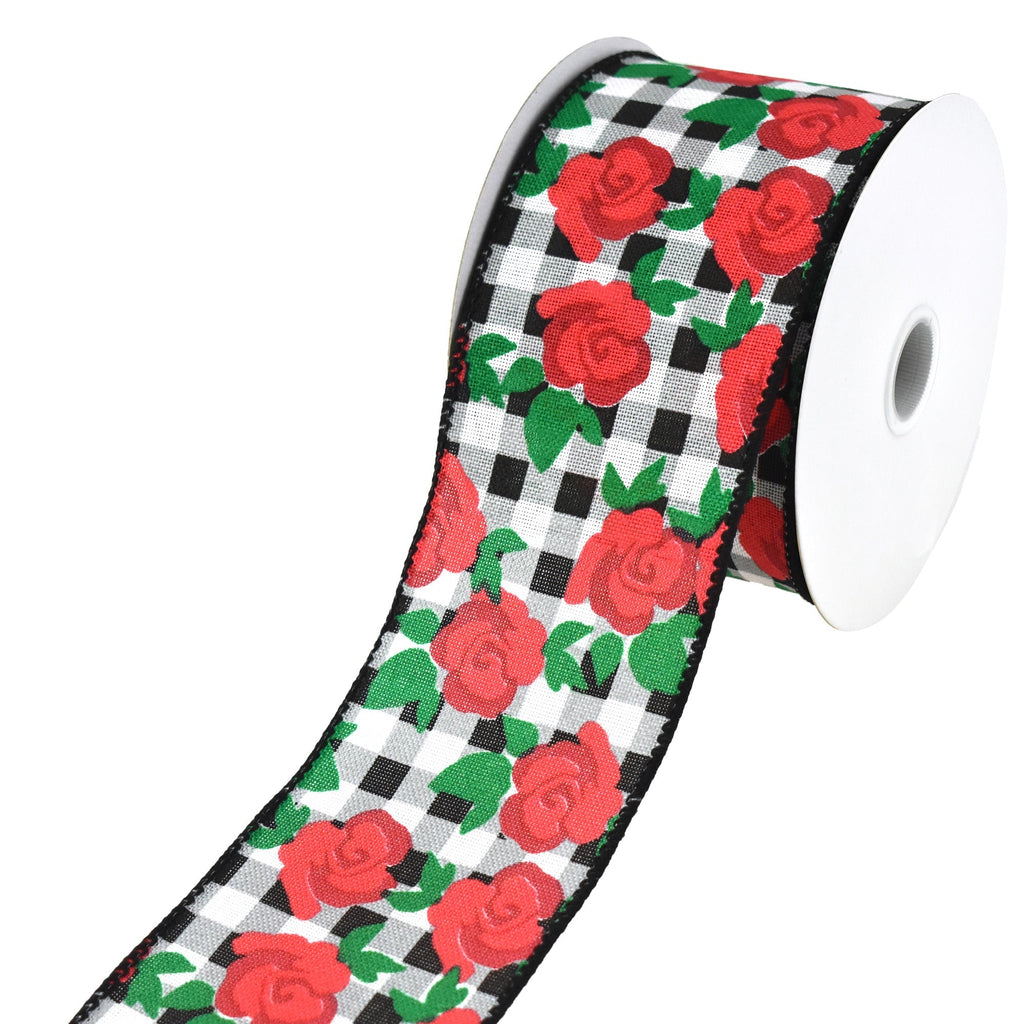 Roses and Gingham Wired Ribbon, 2-1/2-Inch, 10-Yard