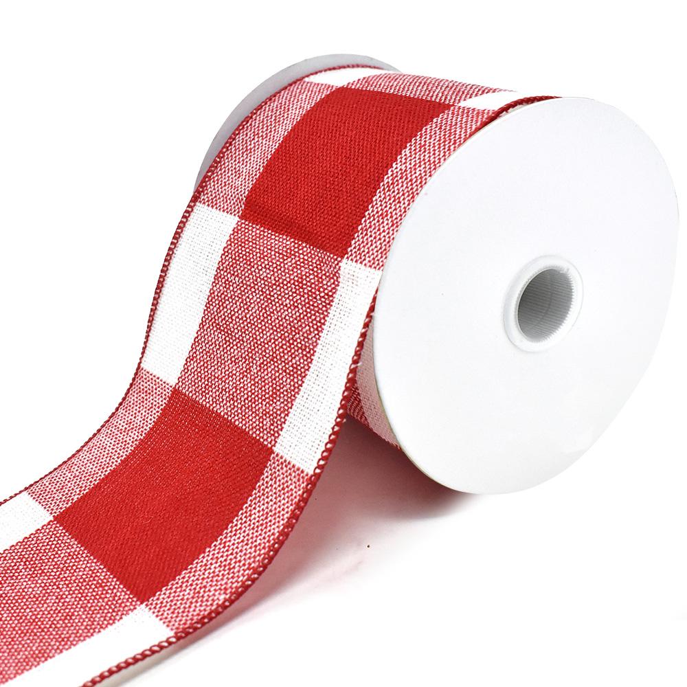 Stitched Gingham Wired Edge Christmas Ribbon, Red/White, 4-Inch, 10-Yard