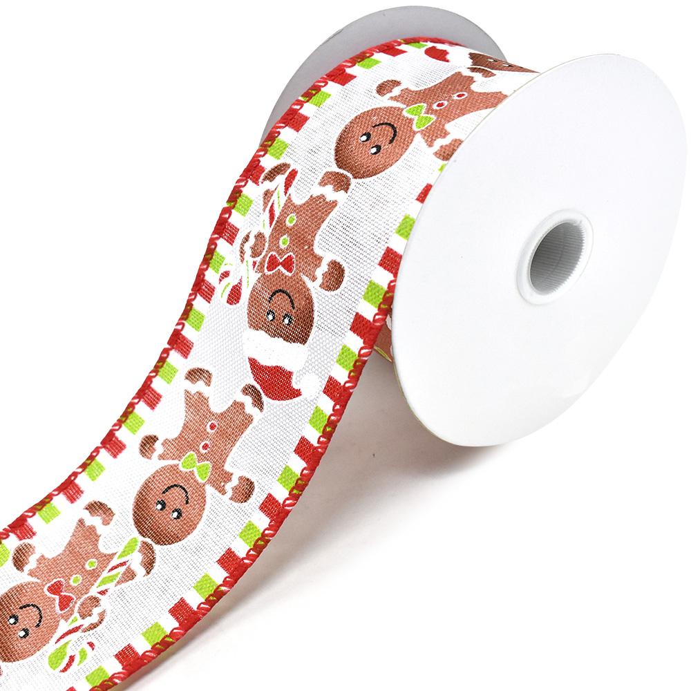 Gingerbread Man Linen Wired Edge Christmas Ribbon, White, 2-1/2-Inch, 10-Yard