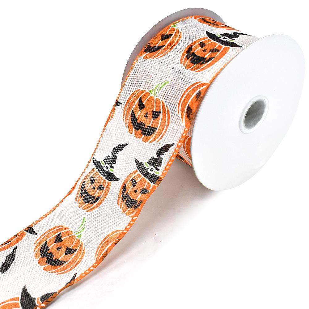 Jack-O-Lantern Linen Wired Edge Halloween Ribbon, White, 2-1/2-Inch, 10-Yard