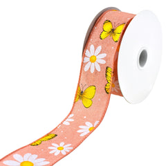 Daisies and Butterflies Faux Linen Wired Ribbon, 10-yard