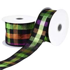 Halloween Metallic Woven Checkered Plaid Wired Ribbon, 10-yard