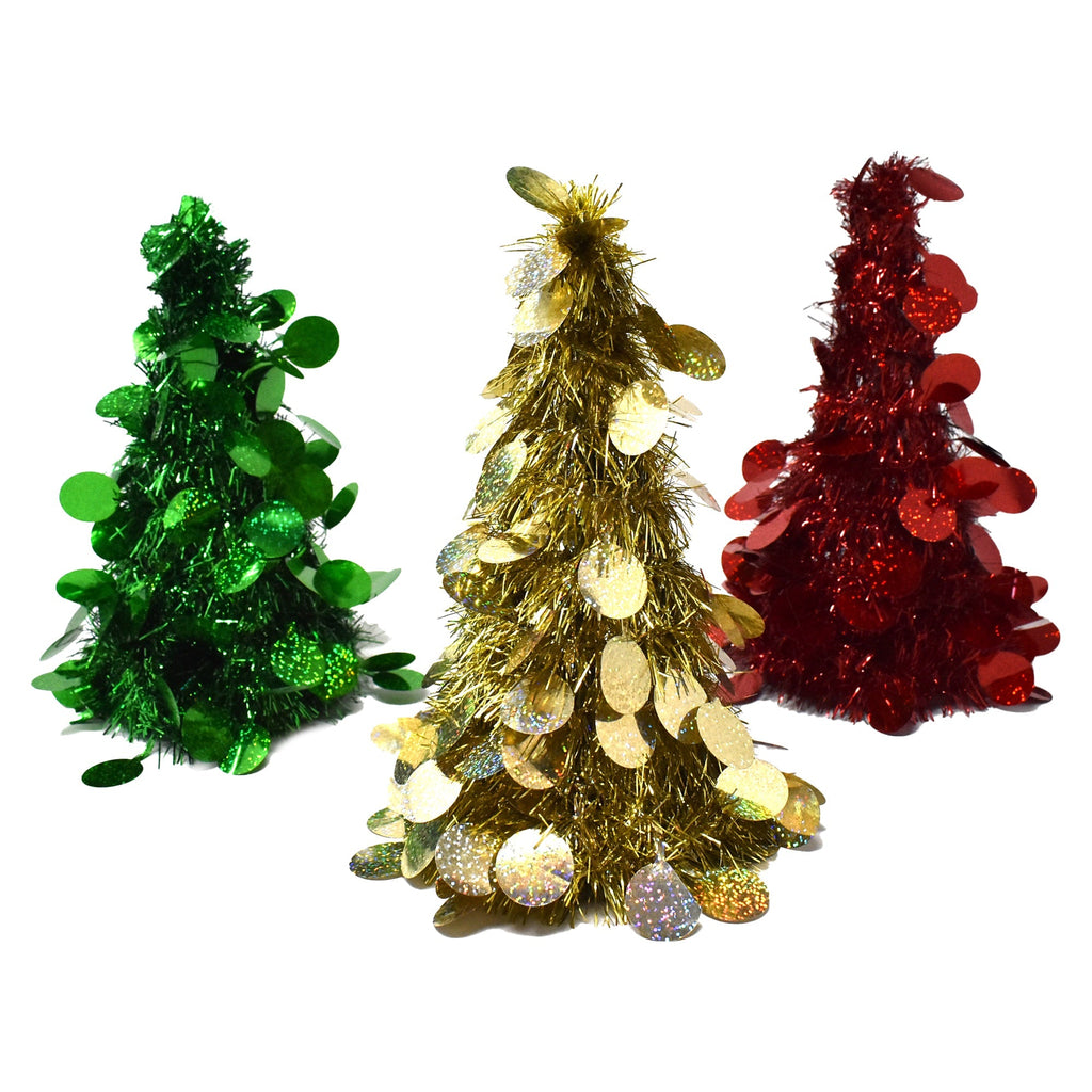 Christmas Dots and Tinsel Desk Trees, 10-Inch, 3-Piece