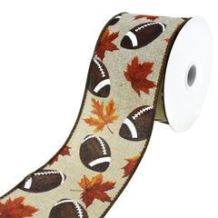 Autumn Leaves and Footballs Wired Ribbon, 10-yard