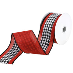 Houndstooth Faux Linen Edge Wired Ribbon, 2-1/2-Inch, 10-Yard - Red