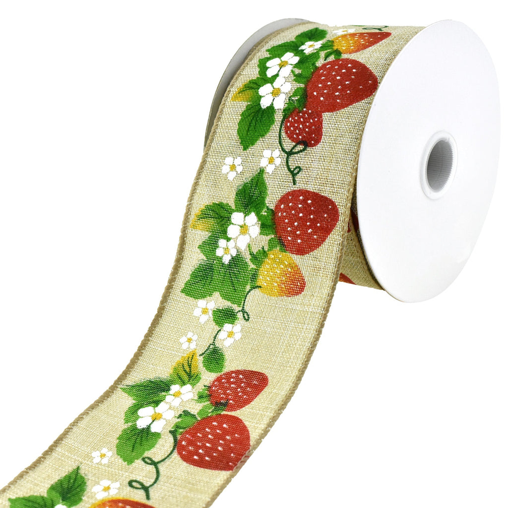 Strawberries and Flowers Faux Linen Wired Ribbon, 2-1/2-Inch, 10-Yard