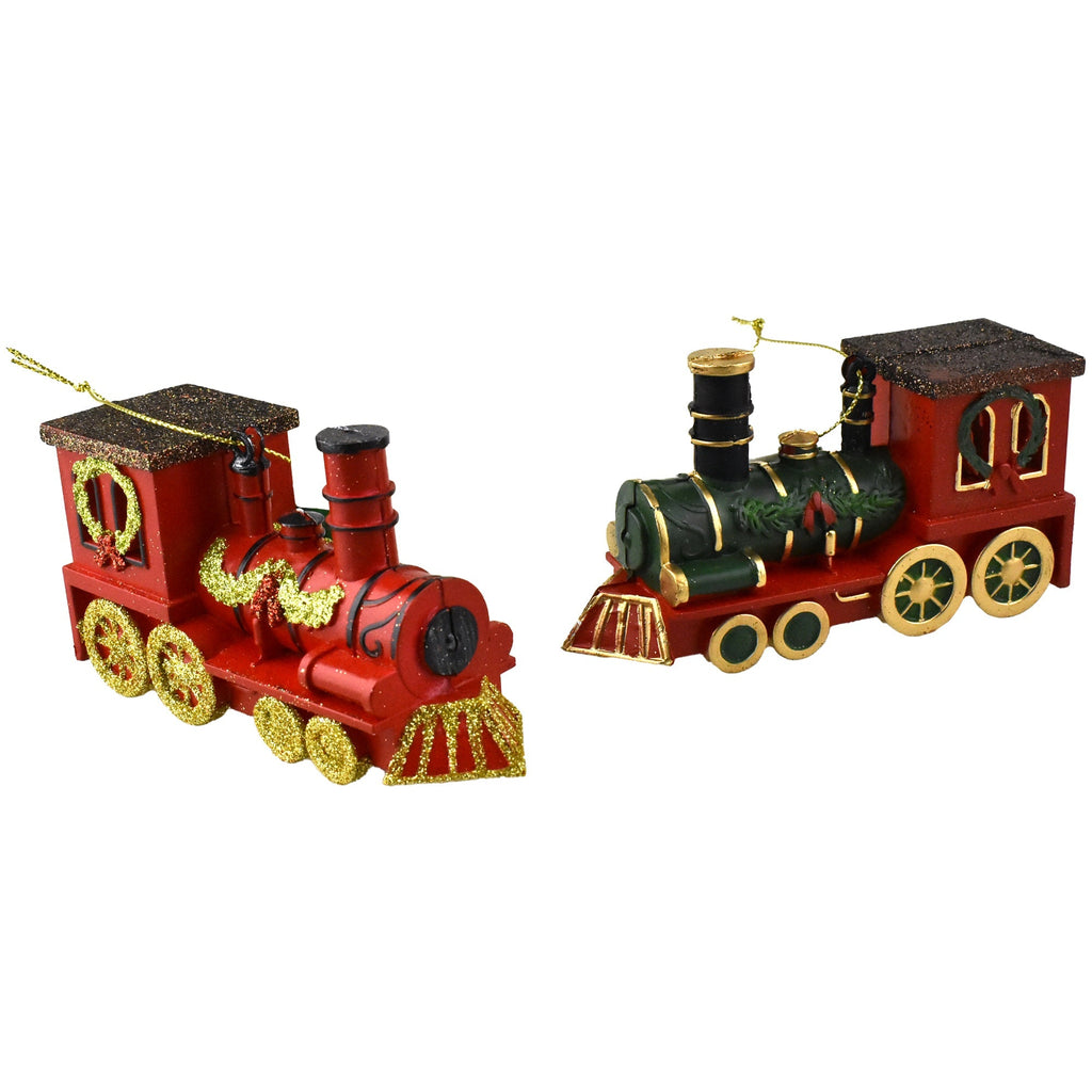 Glittered Holiday Trains Christmas Ornaments, 4-3/4-Inch, 2-Piece