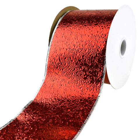 Water Resistant Cracked Ice Christmas Wired Ribbon, 4-Inch, 50-Yard - Red/Silver