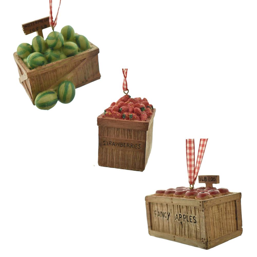 Country Fruit Crate Resin Christmas Ornaments, Assorted, 3-Piece