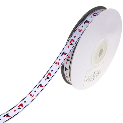 Nautical Sailboat Anchor Grosgrain Ribbon, White, 3/8-Inch, 25-Yard