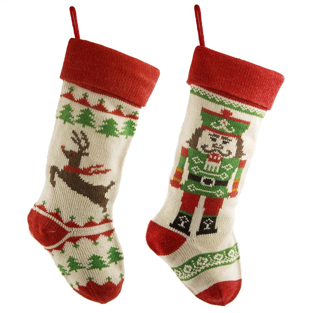 Nutcracker Reindeer Yarn Christmas Stockings, Ivory/Red, 18-Inch, 2-Piece