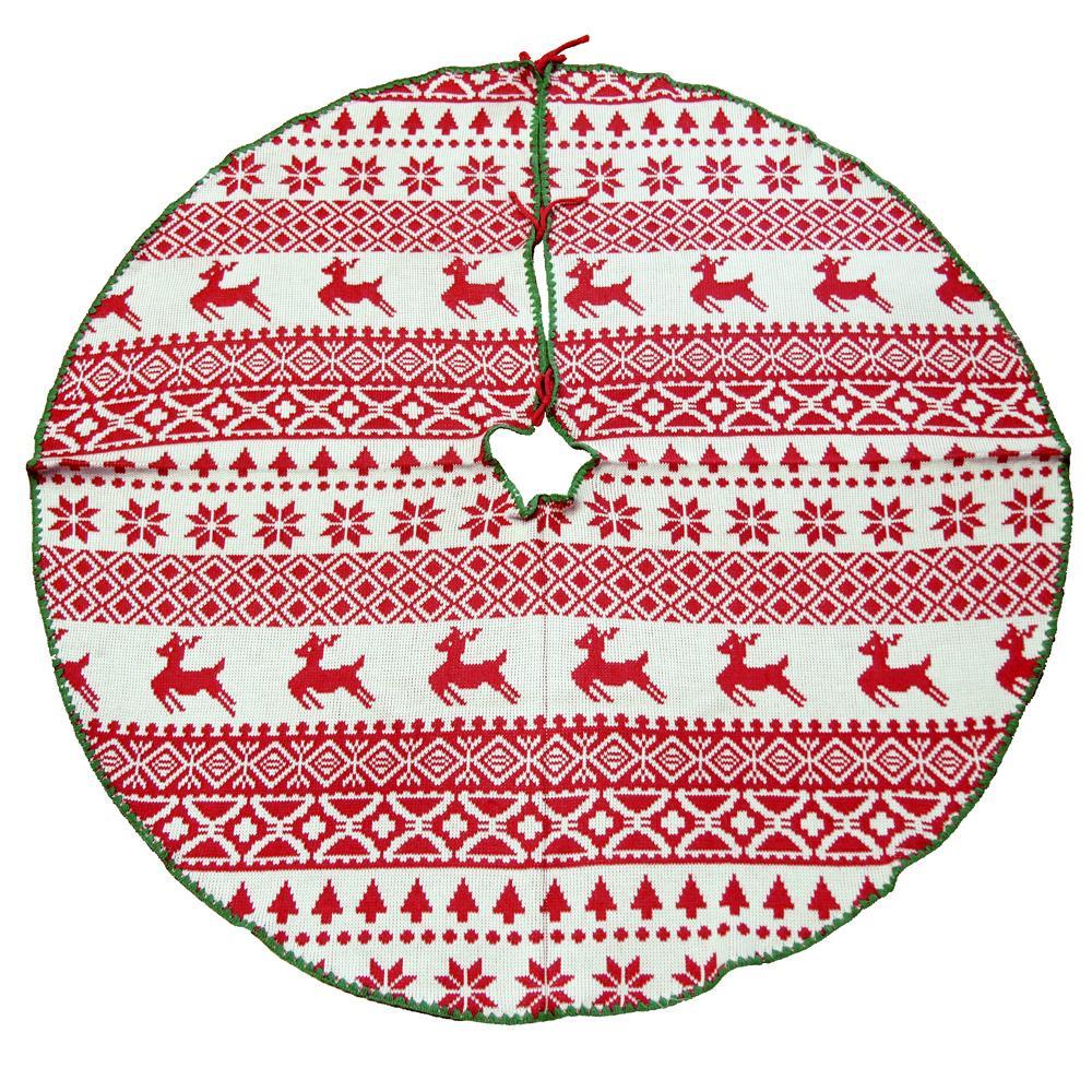 Ugly Sweater Knitted Yarn Christmas Tree Skirt, Ivory/Red, 48-Inch