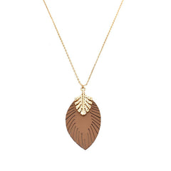 Leather Leaf Shaped Pendant Necklace, 30-Inch