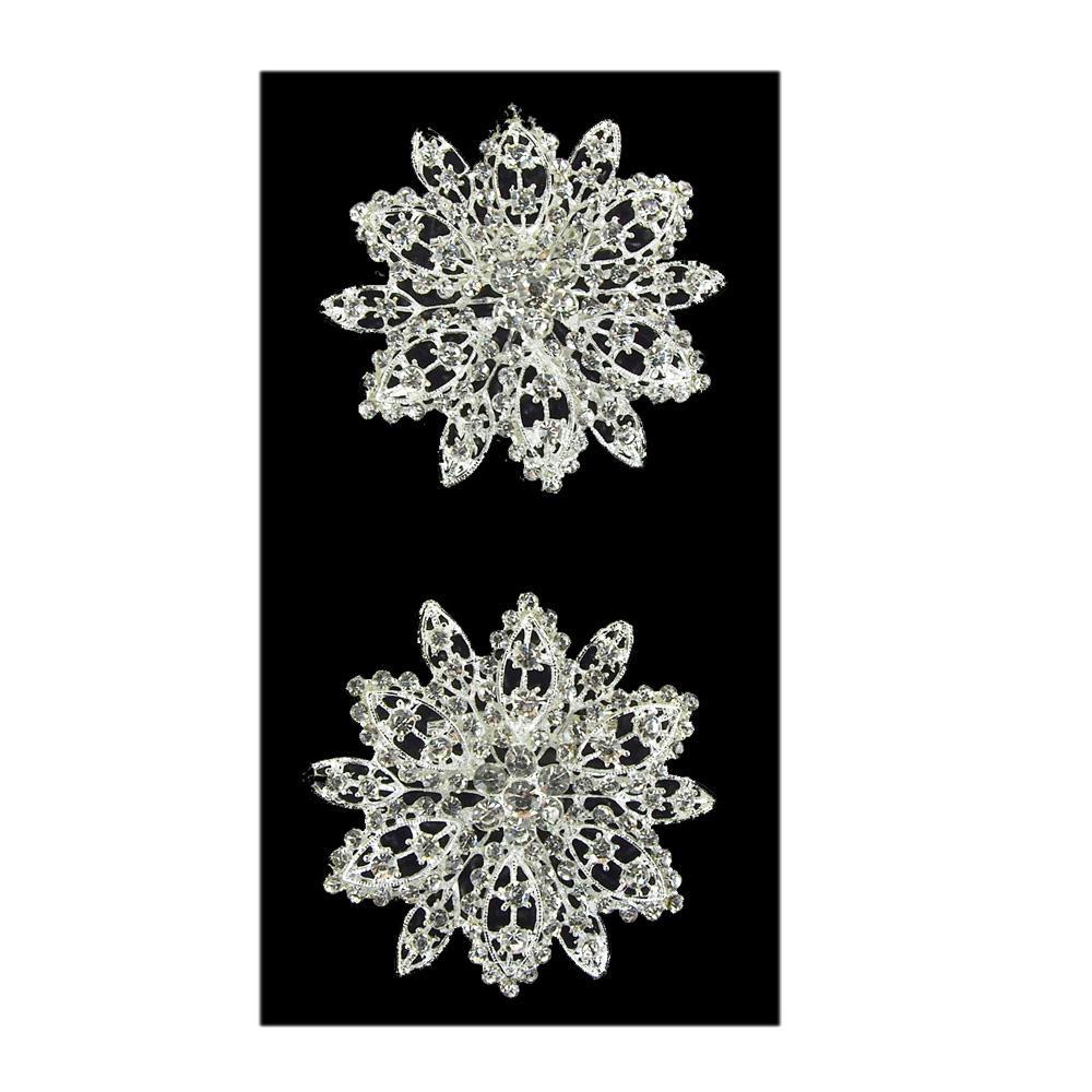 Bursting Flower Rhinestone Crystal Brooches, Silver, 2-1/2-Inch, 2-Piece
