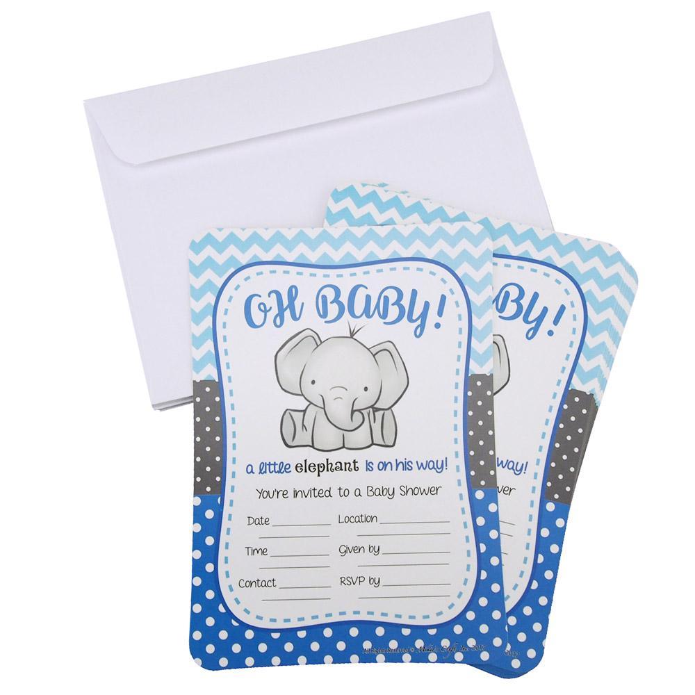 Baby Shower Invitation Envelope, Elephant, Blue, 7-Inch, 12-Piece