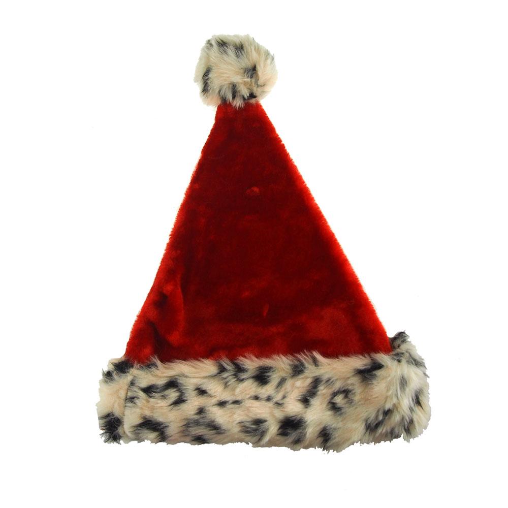 Red Felt Santa Hat With Leopard Fur Trim, 17-Inch