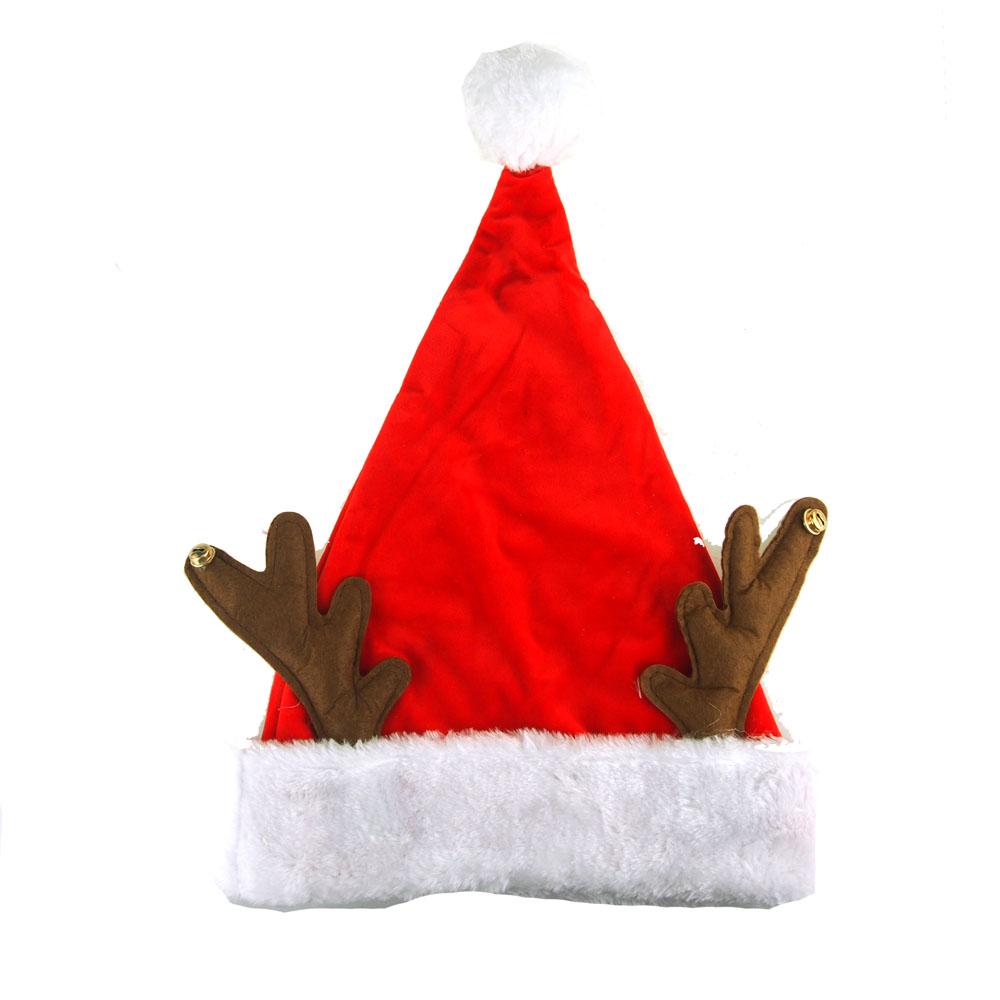 Red Velvet Santa Hat With Reindeer Antlers, 17-Inch